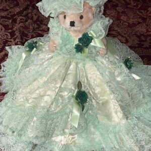Elegant vintage Lace Teddy Bear with Green Dress